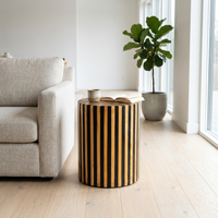 Smoked Wood & Black Resin Cylindrical Side Table — Chevron X & Vertical Stripe