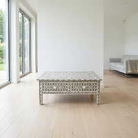 Camel Bone & Grey Resin Square Coffee Table — Geometric Inlay with Two Drawers
