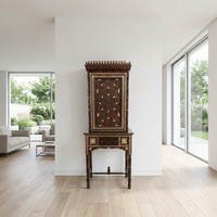 Carved Wood, Camel Bone & Mother of Pearl Cabinet on Stand — Moorish Star Door with Crenellated Crown