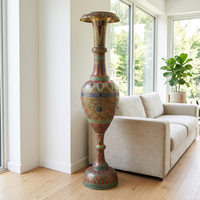 Hand-Painted Brass Floor Vase — Polychrome Enamel & Pearl Inlay on Amphora Form