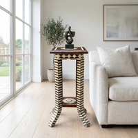 Mother of Pearl & Wood Pedestal Table — Chevron Stripe & Rosette Medallion