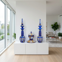 Hand-Painted Cobalt Blue Glass Decorative Set — Polychrome Floral & Gold Arabesque — Set of 3