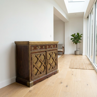 Walnut & Embossed Brass Sideboard — Diamond Lattice Floral Repousse with Two Doors
