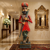 Hand-Carved & Painted Wooden Royal Guard Figurine — Life-Size Rajasthani Sentinel with Staff