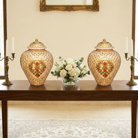 Hand-Painted Camel Bone Lidded Urns — Matching Pair, Mughal Floral Bouquet on Ivory Ground