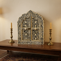 Hand-Inlaid Moorish Arch Cabinet — Camel Bone on Black Resin with Floral Vine Panels