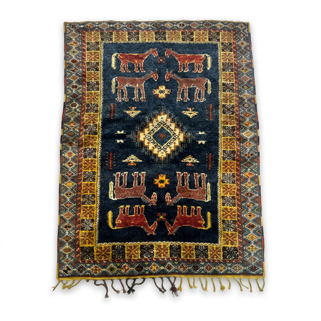 Antique Moroccan Tribal Carpet — Figural Animal Field on Midnight Blue Ground, Hand-Knotted Wool