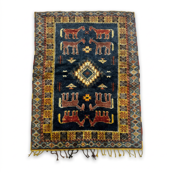 Antique Moroccan Tribal Carpet — Figural Animal Field on Midnight Blue Ground, Hand-Knotted Wool