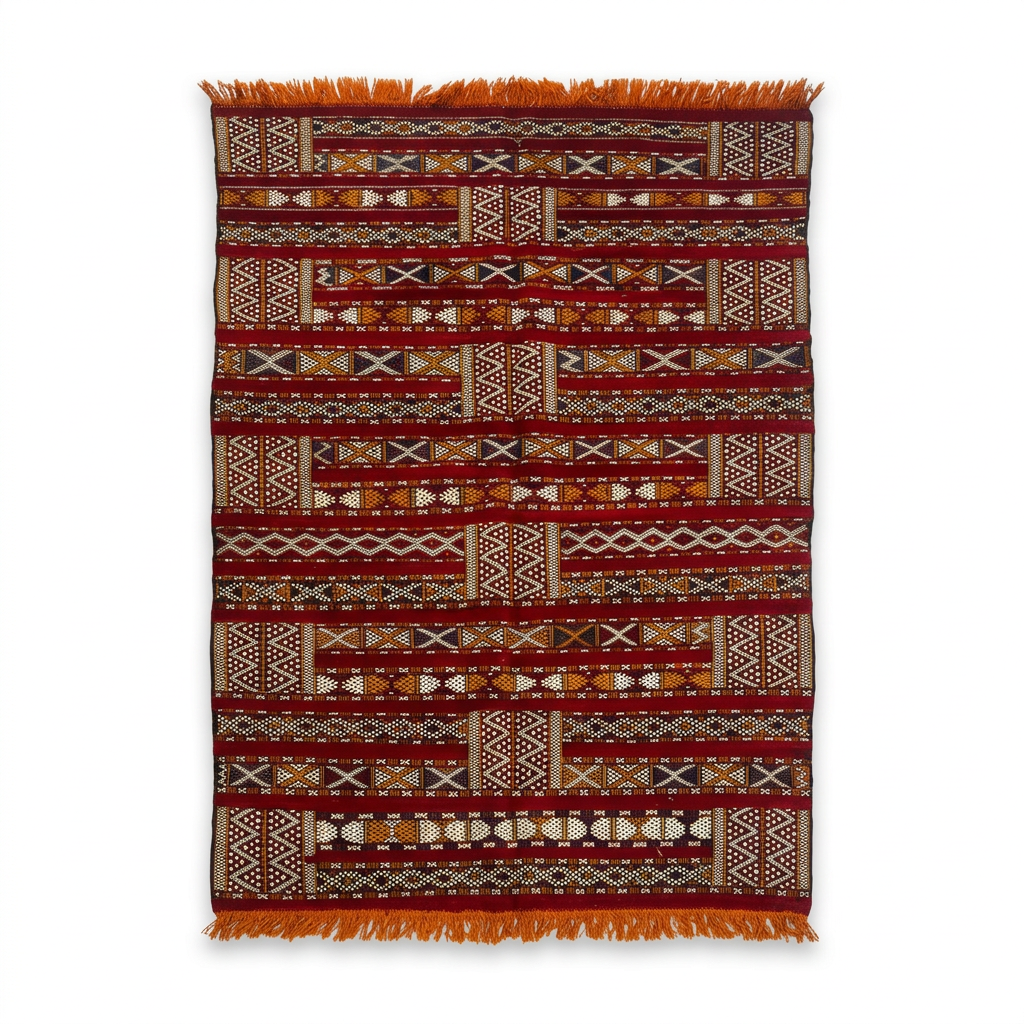 Moroccan Flatweave Kilim — Crimson Horizontal Bands with Geometric Motifs, Hand-Woven Wool