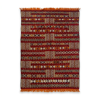 Moroccan Flatweave Kilim — Crimson Horizontal Bands with Geometric Motifs, Hand-Woven Wool