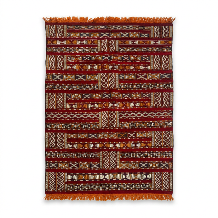 Moroccan Flatweave Kilim — Crimson Horizontal Bands with Geometric Motifs, Hand-Woven Wool