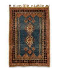 Antique High Atlas Tribal Carpet — Double Medallion in Slate Blue & Saffron, Hand-Knotted Wool
