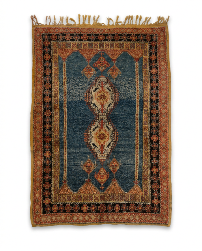 Antique High Atlas Tribal Carpet — Double Medallion in Slate Blue & Saffron, Hand-Knotted Wool