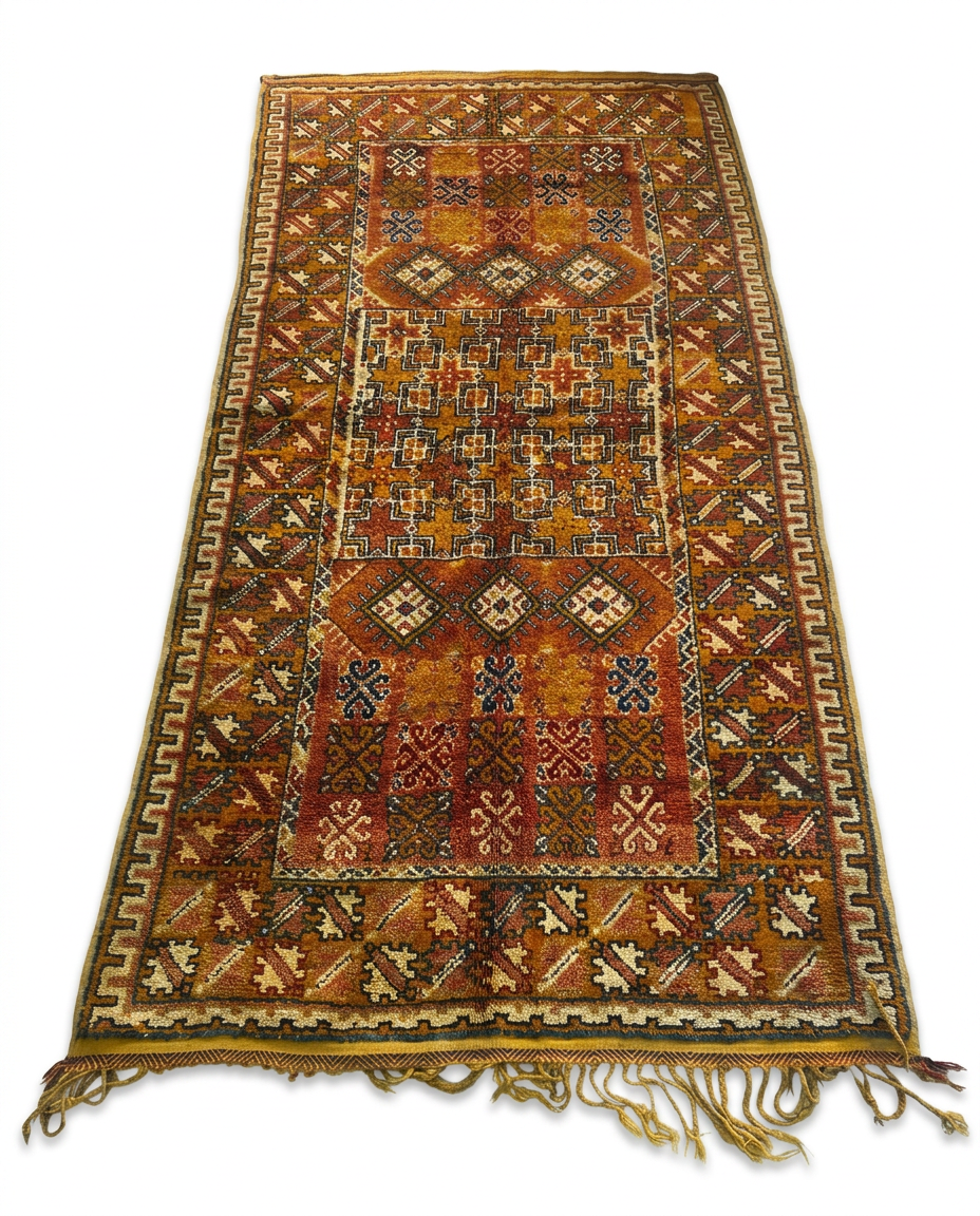 Antique Moroccan Tribal Carpet — All-Over Geometric Field in Amber, Terracotta & Indigo, Hand-Knotted Wool
