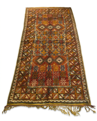 Antique Moroccan Tribal Carpet — All-Over Geometric Field in Amber, Terracotta & Indigo, Hand-Knotted Wool
