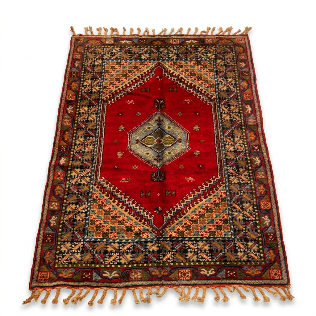 Antique Moroccan Tribal Carpet — Single Medallion on Crimson Field with Floral Border, Hand-Knotted Wool