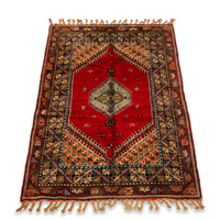 Antique Moroccan Tribal Carpet — Single Medallion on Crimson Field with Floral Border, Hand-Knotted Wool