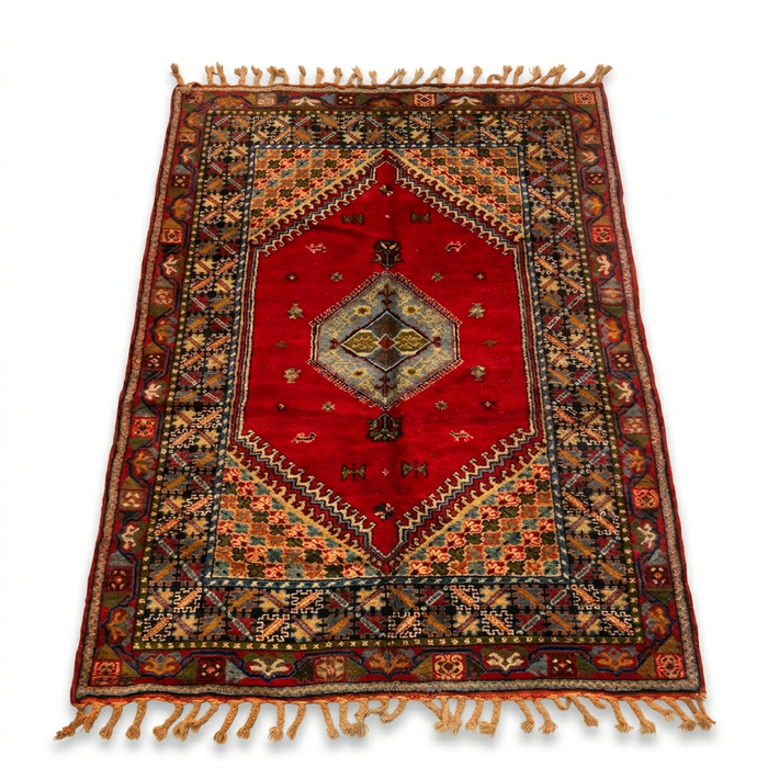 Antique Moroccan Tribal Carpet — Single Medallion on Crimson Field with Floral Border, Hand-Knotted Wool