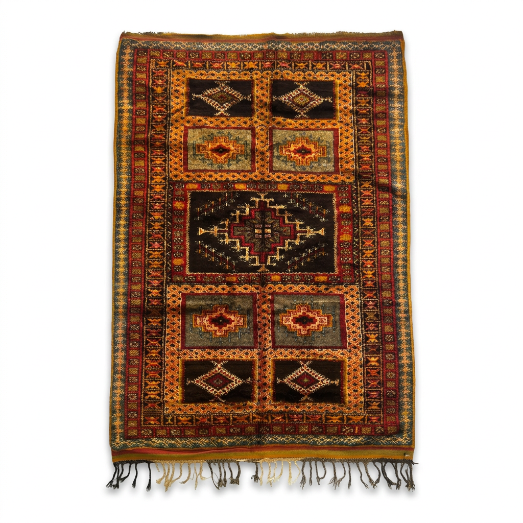 Antique Moroccan Tribal Carpet — Six-Panel Grid in Espresso, Amber & Crimson, Hand-Knotted Wool