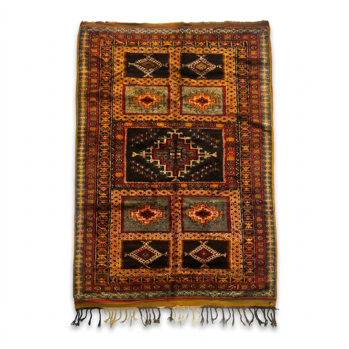 Antique Moroccan Tribal Carpet — Six-Panel Grid in Espresso, Amber & Crimson, Hand-Knotted Wool