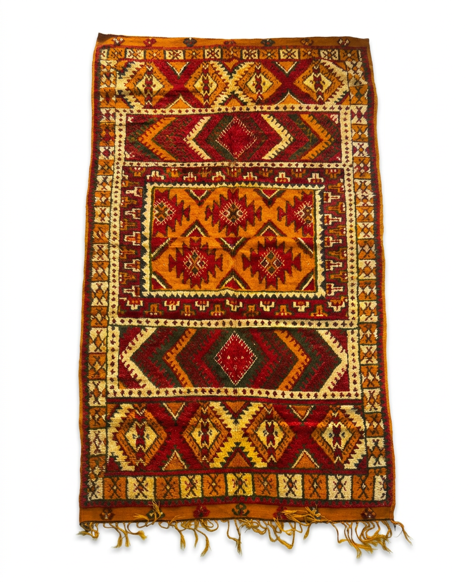 Antique Moroccan Tribal Carpet — Triple Medallion in Burnt Orange, Crimson & Forest Green, Hand-Knotted Wool