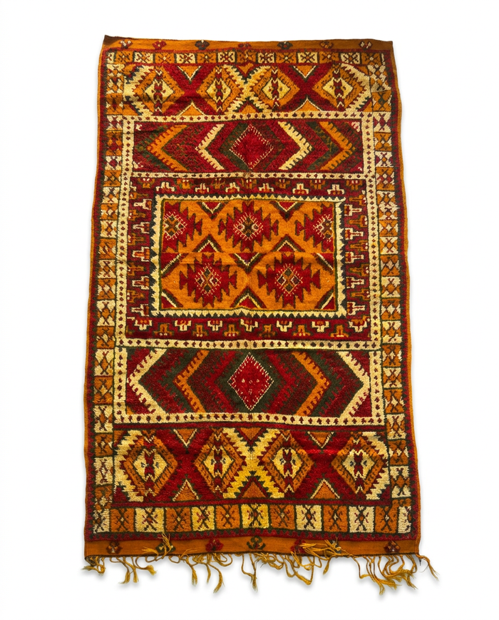 Antique Moroccan Tribal Carpet — Triple Medallion in Burnt Orange, Crimson & Forest Green, Hand-Knotted Wool