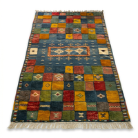 Moroccan Tribal Carpet — Multicolour Patchwork Field on Slate Blue Ground, Hand-Knotted Wool