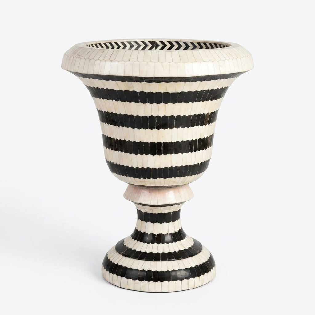 Black & White Striped Camel Bone Chalice Urn — Monochrome Inlaid Pedestal Vessel