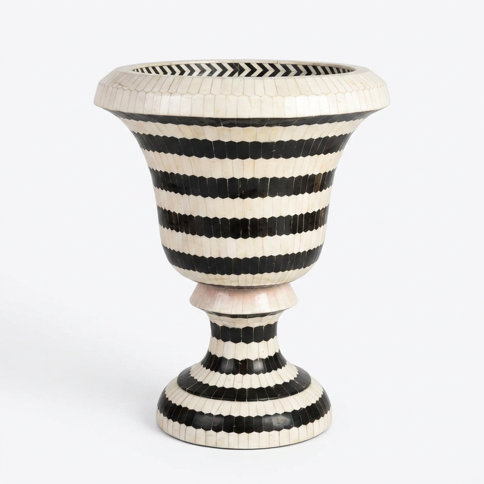 Black & White Striped Camel Bone Chalice Urn — Monochrome Inlaid Pedestal Vessel