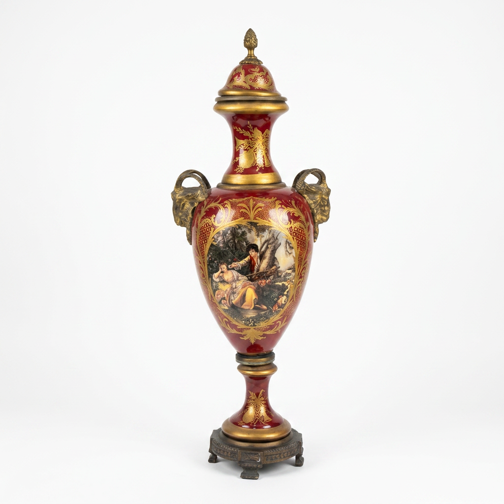 Napoléon III Porcelain Urns — Crimson & Gilt Bronze with Hand-Painted Cartouches, Matching Pair