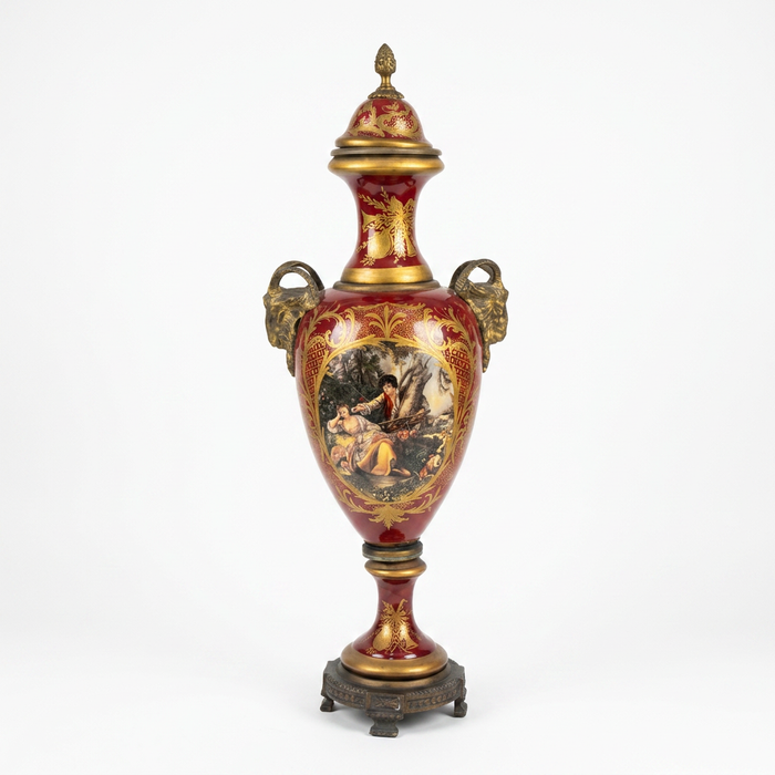 Napoléon III Porcelain Urns — Crimson & Gilt Bronze with Hand-Painted Cartouches, Matching Pair