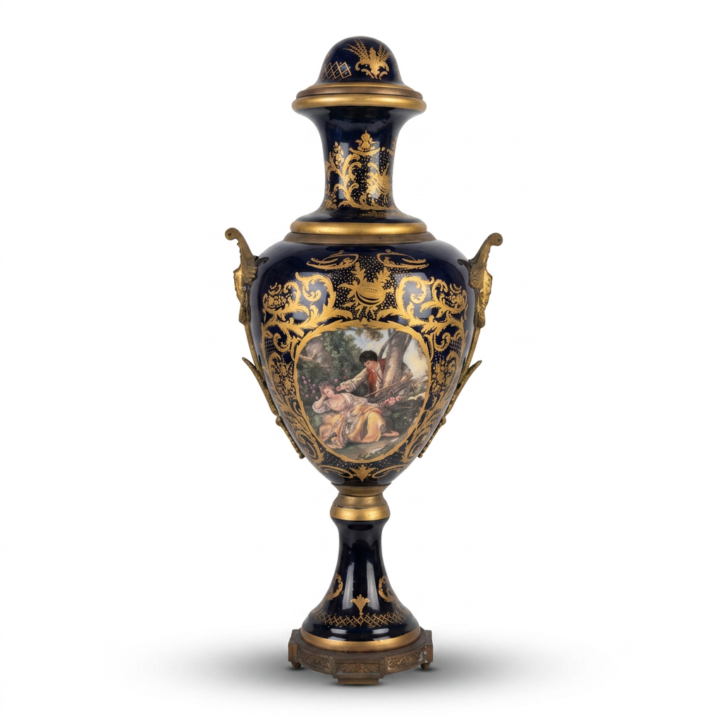 Monumental Napoléon III Porcelain Urns — Cobalt Blue & Gilt Bronze with Hand-Painted Cartouches, Matching Pair