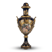Monumental Napoléon III Porcelain Urns — Cobalt Blue & Gilt Bronze with Hand-Painted Cartouches, Matching Pair
