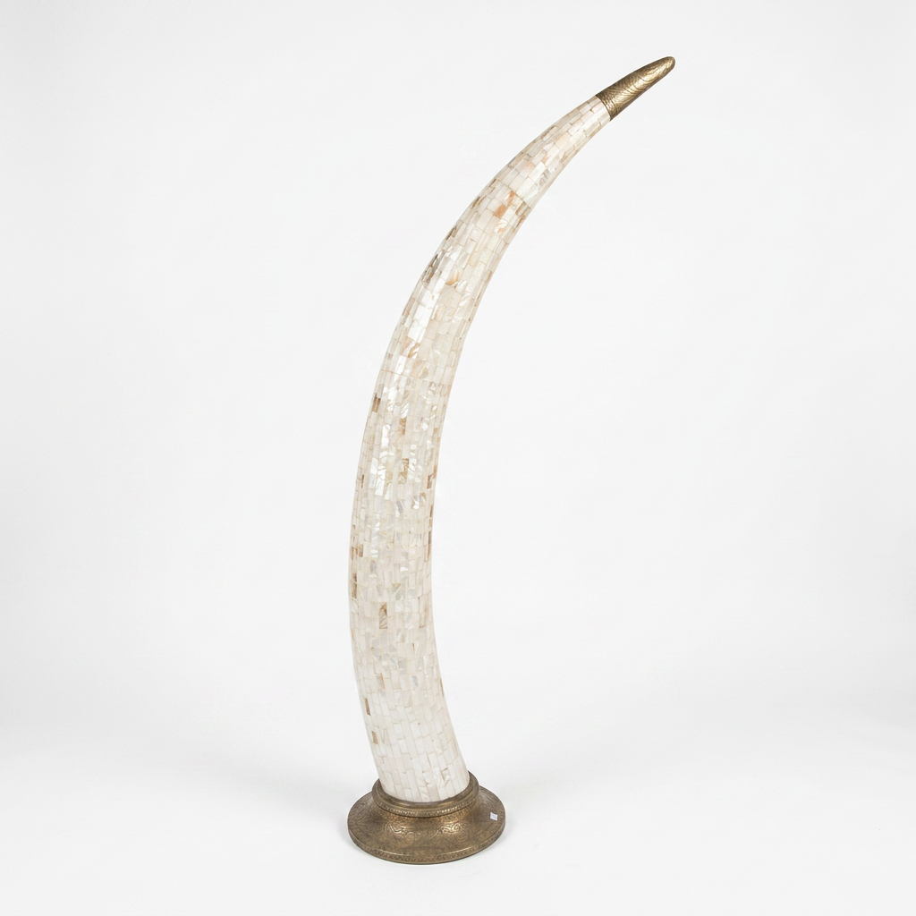Monumental Mother of Pearl Tusk Sculptures — Brass-Mounted Matching Pair