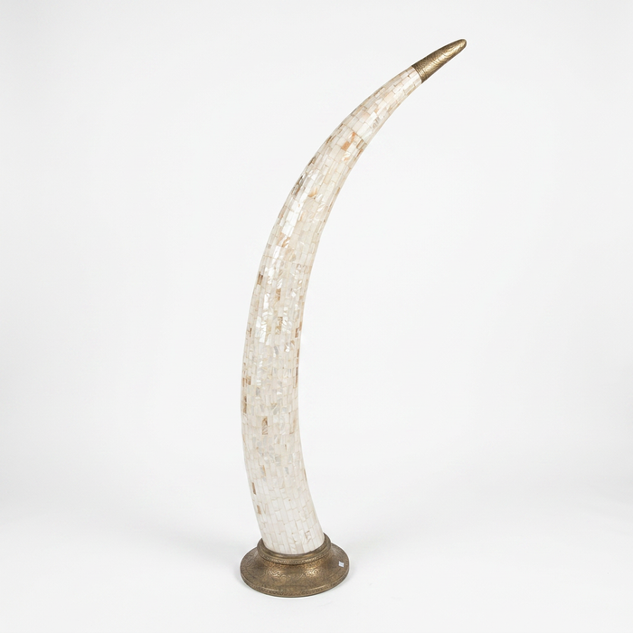 Monumental Mother of Pearl Tusk Sculptures — Brass-Mounted Matching Pair