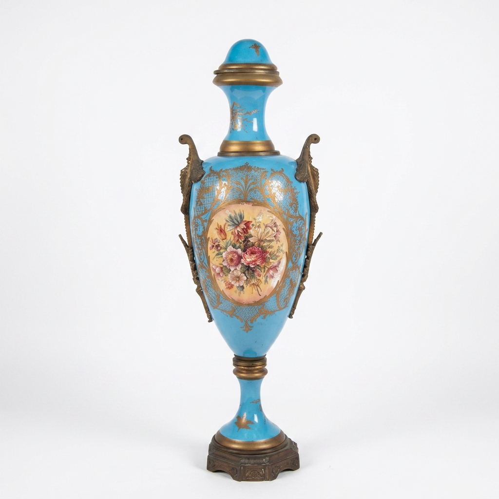 Monumental Napoléon III Porcelain Urns — Hand-Painted Turquoise & Gilt Bronze Matching Pair
