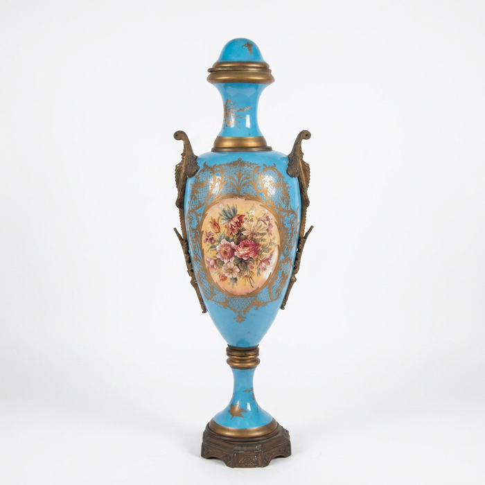 Monumental Napoléon III Porcelain Urns — Hand-Painted Turquoise & Gilt Bronze Matching Pair