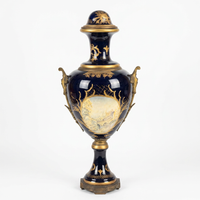 Monumental Napoléon III Porcelain Urns — Cobalt Blue & Gilt Bronze with Hand-Painted Cartouches, Matching Pair