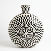 Black & White Chequerboard Camel Bone Moon Flask — Op-Art Inlaid Vessel