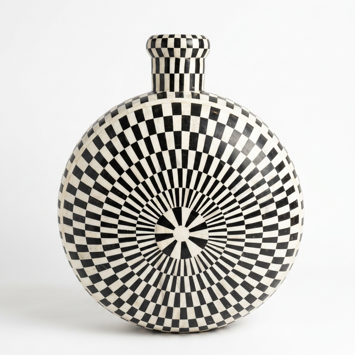 Black & White Chequerboard Camel Bone Moon Flask — Op-Art Inlaid Vessel