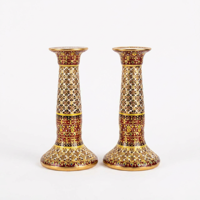 Cloisonné Enamel Candlesticks — Crimson & Gold Arabesque, Matching Pair