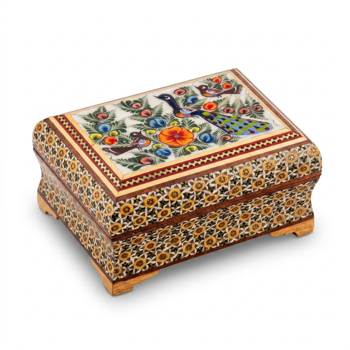 Persian Khatam Micro-Mosaic Box — Hand-Painted Peacock Ceramic Tile Lid with Gold Border