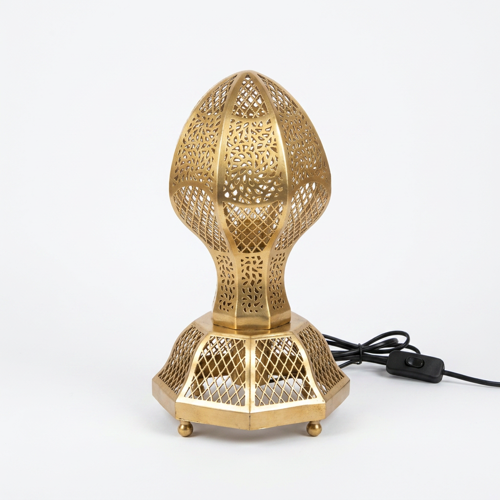 Moorish Brass Table Lamps — Hand-Pierced Arabesque Lattice, Matching Pair