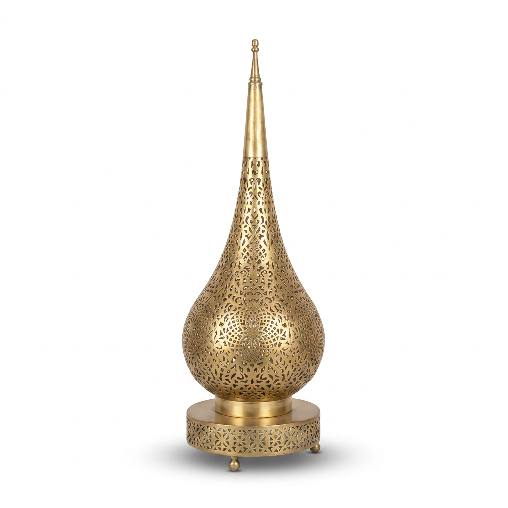 Moorish Brass Table Lamp — Hand-Pierced Teardrop Form with Minaret Finial, Matching Pair