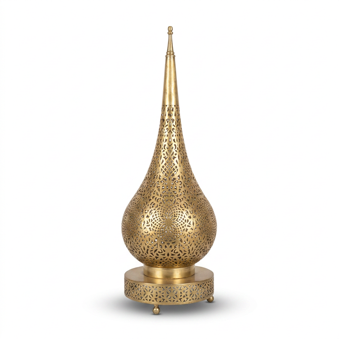 Moorish Brass Table Lamp — Hand-Pierced Teardrop Form with Minaret Finial, Matching Pair
