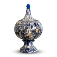 Camel Bone Lidded Urn — Indigo & Ivory Hand-Inlaid Pedestal Vessel with Cobalt Finial