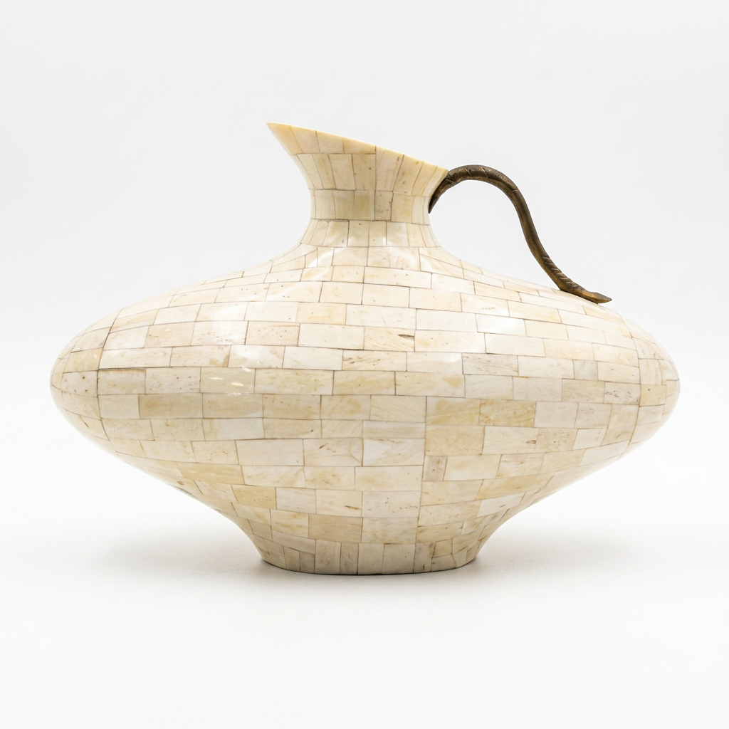 Camel Bone & Brass Ewer — Hand-Inlaid Low Belly Pitcher Form
