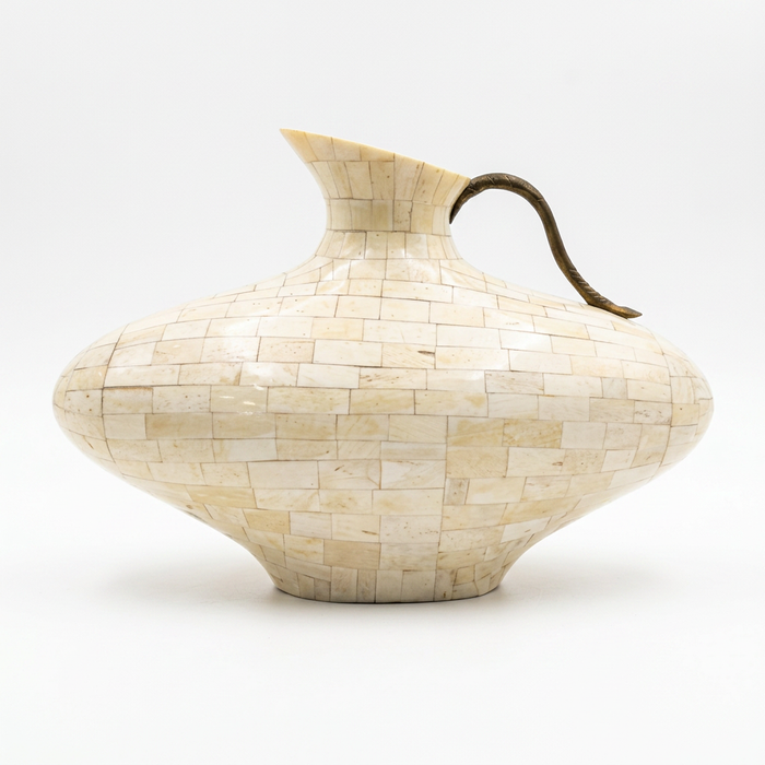 Camel Bone & Brass Ewer — Hand-Inlaid Low Belly Pitcher Form