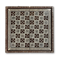 Wood & Mother of Pearl Chess Board — Geometric Inlaid Squares on Espresso Ground, Board Only