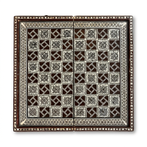 Wood & Mother of Pearl Chess Board — Geometric Inlaid Squares on Espresso Ground, Board Only